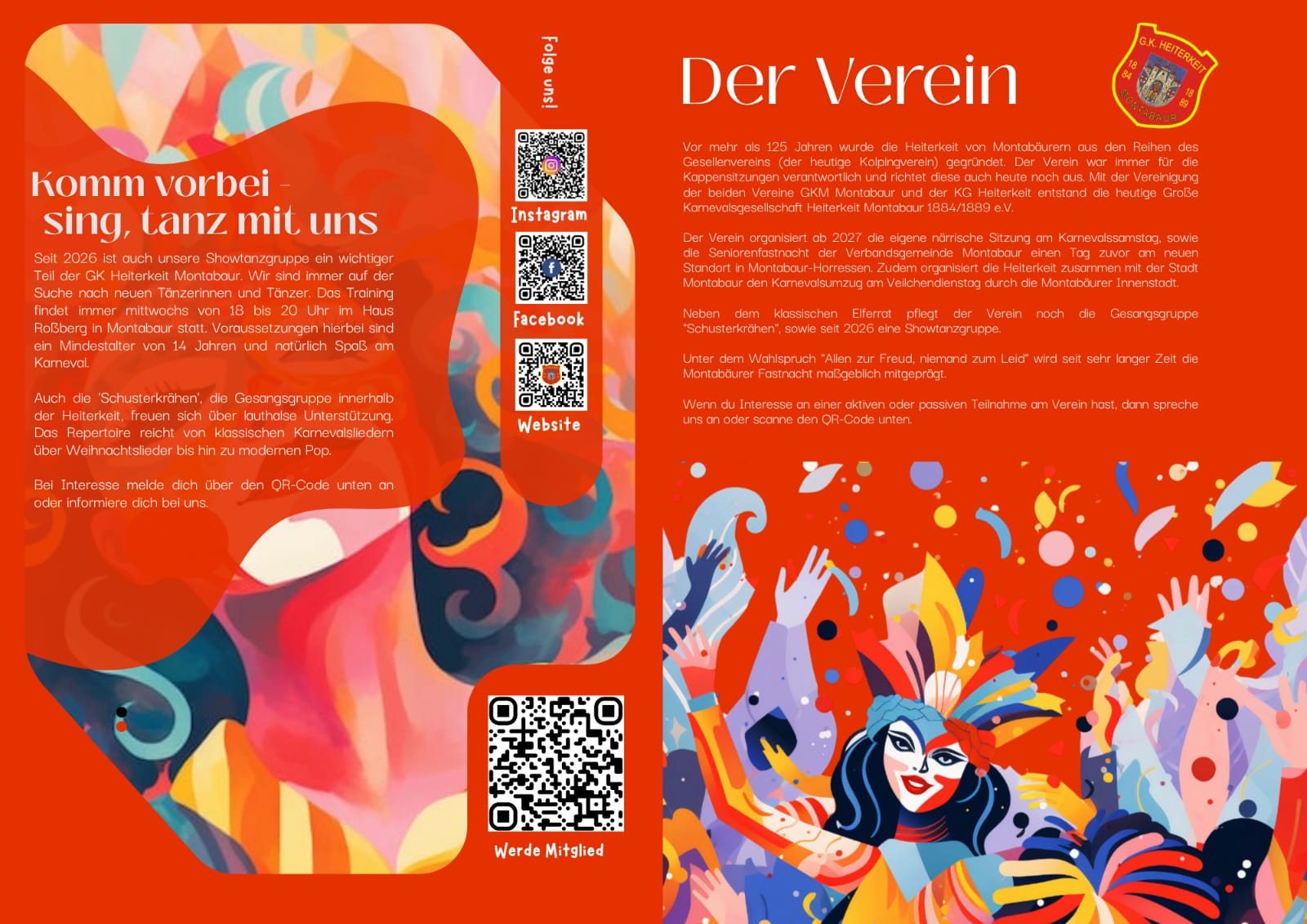 Flyer zum Vereinsleben der GK Heiterkeit mit Showtanzgruppe und Schusterkrähen